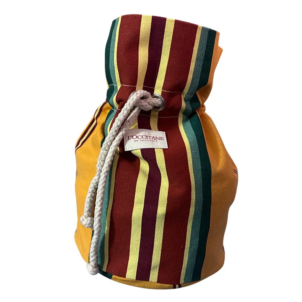 Vtg L'Occitane en Provence Canvas Drawstring Bag | Yellow Striped | 100% Cotton